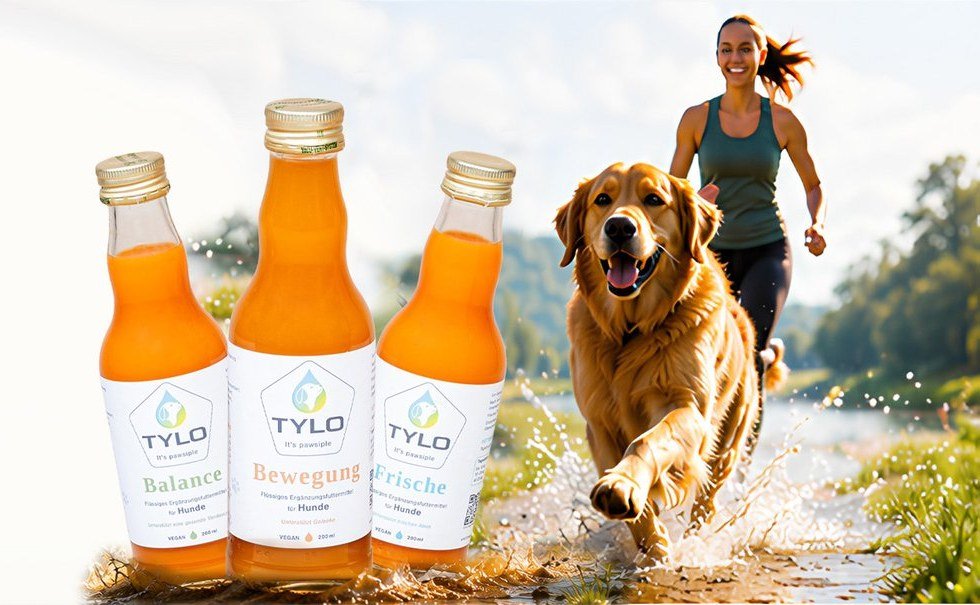 Drei TYLO Flaschen (Balance, Bewegung, Frische) und ein Golden Retriever am Wasser
